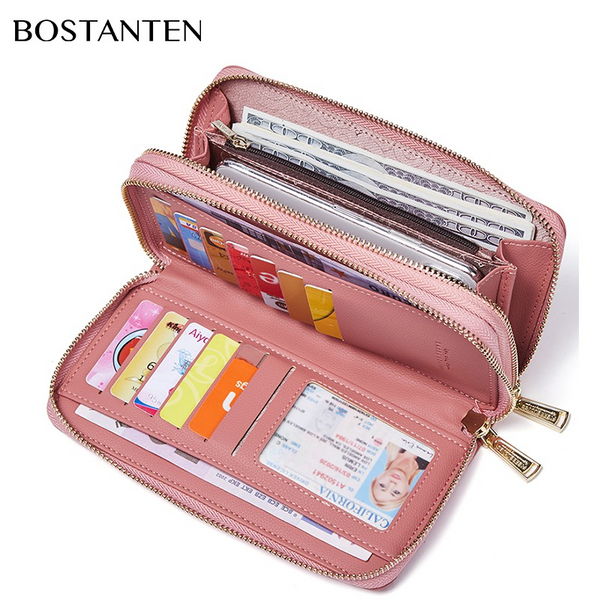 BOSTANTEN Dompet wanita kulit PU panjang ritsleting ganda